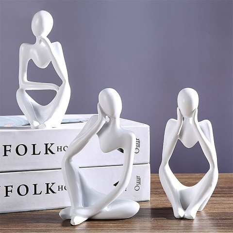 Zestaw 3 figurek dekoracyjnych „Zamyśleni” – Nowoczesne rzeźby gipsowe handmade
